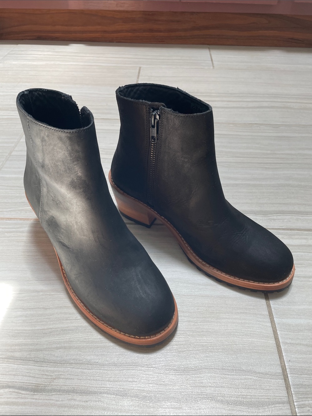Patina Black Leather Ankle Boot with Brown Sole - Classic Zip Side